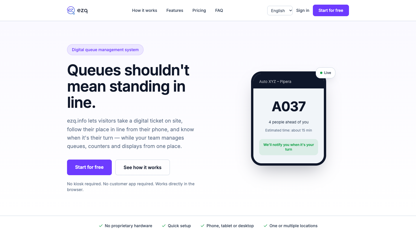 Die EZQ-Startseite — ein digitales Ticket mit Warteschlangenposition, geschätzter Wartezeit und einer Benachrichtigung, wenn der Besucher an der Reihe ist.